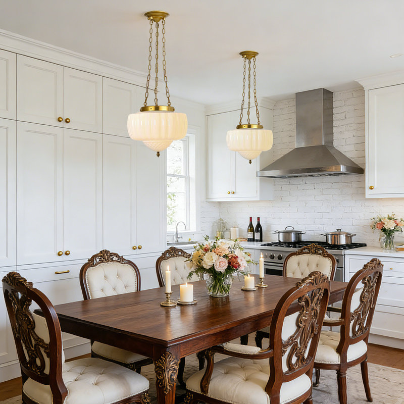 Large Milk Glass Pendant Light, White, Chain-Gold