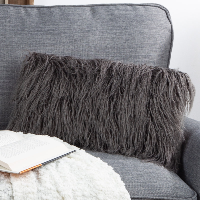 12x20 Plush Lumbar Faux Fur Pillows – 2-Pack Decorative Pillow Insert and Shag Cover Set for Bedroom, Living Room, or Office by Lavish Home (Gray)