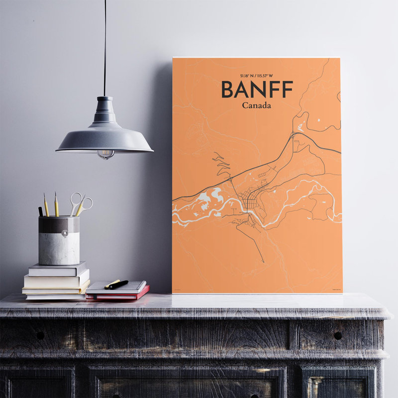 Banff, carte de la ville, impression, H 27,6 po x l 19,7 po, Orange / gris