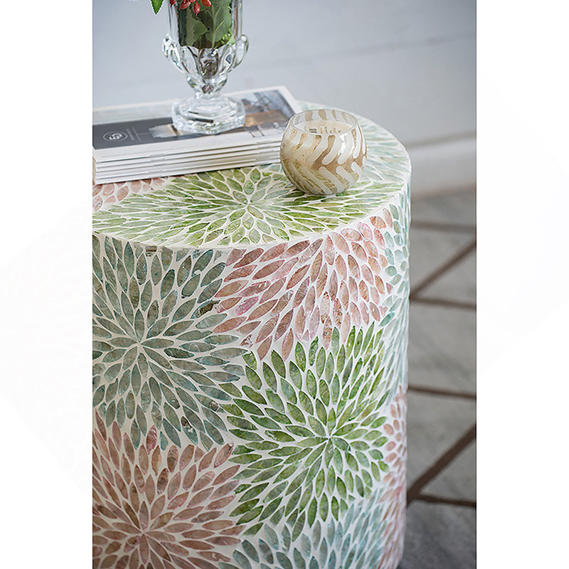 Tabouret de jardin cylindrique avec table d'appoint D14 x 18 po vert / rose
