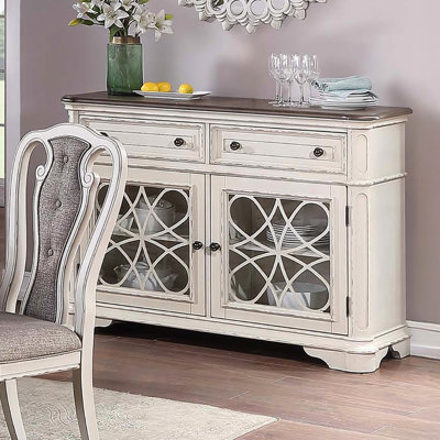 Armoire de service de style traditionnel, blanc antique, 2 tiroirs, rangement, portes en verre, poignée ronde, solution de rangement contemporaine pour salle à manger, finition blanche,