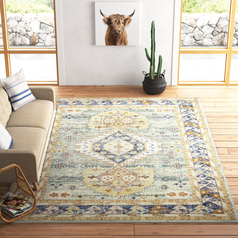 Blue and Light Green Synthetic Oriental Rug 8' x 10'