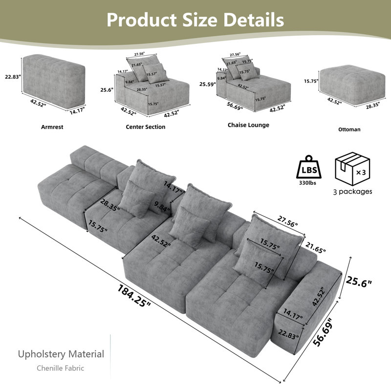 Canapé modulaire surdimensionné 184 po 184 po, canapé 4 places en chenille scintillante avec 6 coussins et aucun assemblage requis