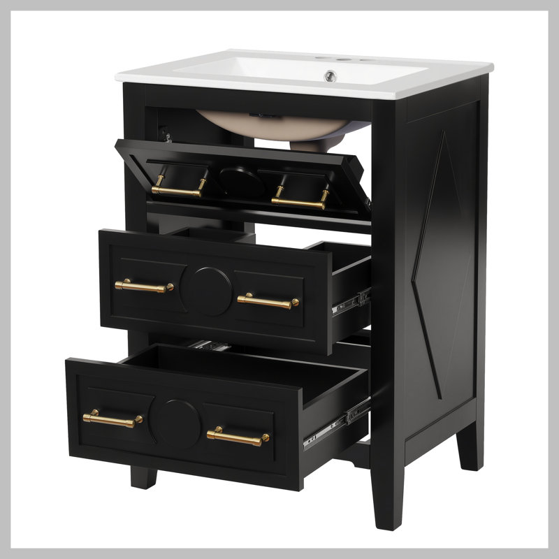 Ensemble de meuble-lavabo sur pied 24 po avec lavabo en céramique, ensemble de meuble-lavabo simple autoportant avec 3 tiroirs et cadre en bois massif