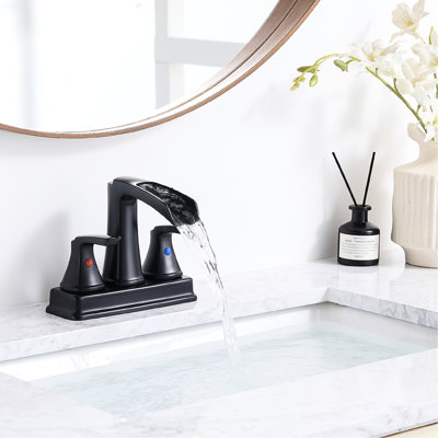 Robinet de 4 pouces pour lavabo de salle de bain, noir mat, conception en cascade, 2 poignées, rotation de 360 degrés, 3 trous, design d'apparence unique