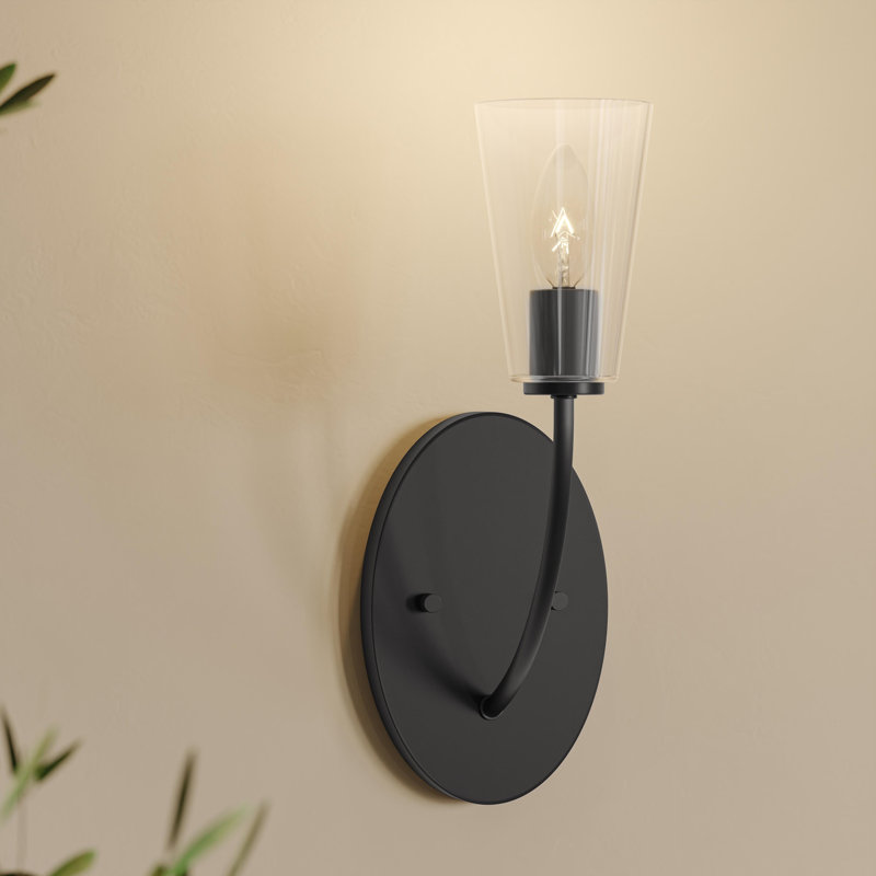Applique murale 1 lumière noire mate avec abat-jour en verre transparent Jheni, Noir mat