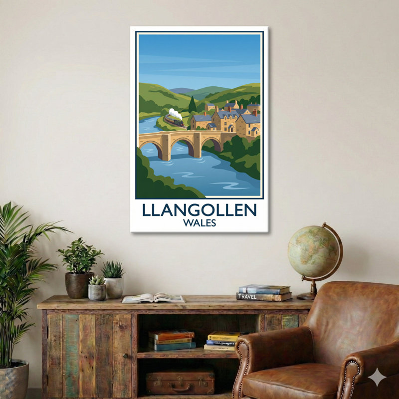 Llangollen, Wales - Riverside Romance Travel Poster: River Dee, Steam Train And Hills. Giclee Print On Wrapped Canvas. Wall Art, Home Decor - Cities & Towns, Wales - Wrapped Canvas Print