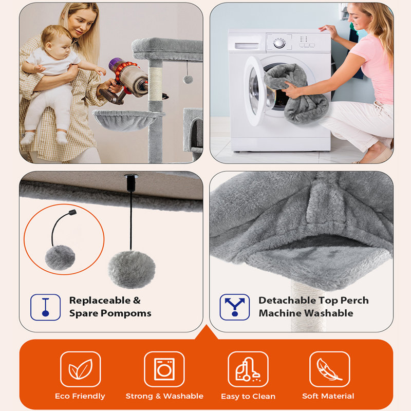 Grand arbre à chat Evleyn pour chat d'intérieur, tour pour chat multi-niveaux avec hamac très grand, Gris