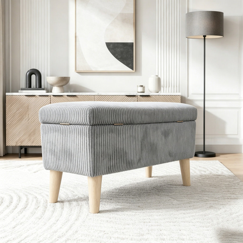 Banc de rangement en velours côtelé 32 pouces avec compartiment rabattable et pieds en bois massif, Grey