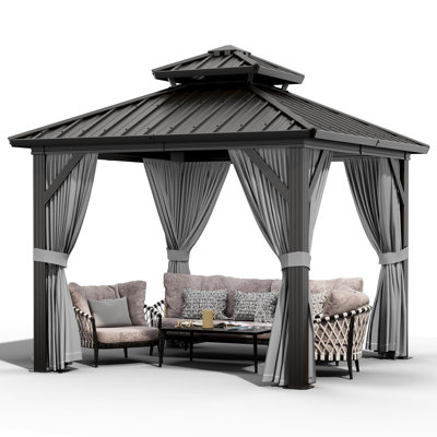 10x10 ft Hardtop Gazebo, Heavy Duty Steel Pavilion with Nettings and Curtains, Aluminum Gazebo, Gray