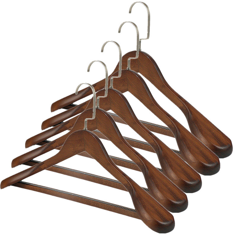 TRIXES 5 Pack Wooden Coat Hangers – Wide Shoulder and Non-Slip Trouser Bar Ideal For Suits -Dark Oak