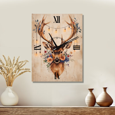 Horloge murale en métal Lodge - Composition rustique de cerfs et de fleurs pour Noël I