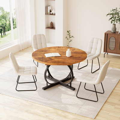 Clanton 43.3‘’-59‘’Extendable Round Mordern Dining Table Set , Mid Century Modern Round Dining Table, Saving Space (1 Antique Table 4White Chairs)