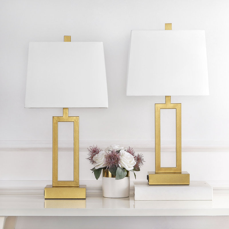 Ensemble de lampes de table en métal 23,5 "avec USB, ports de type C et Oulet intégré Permelia, Doré, Blanc