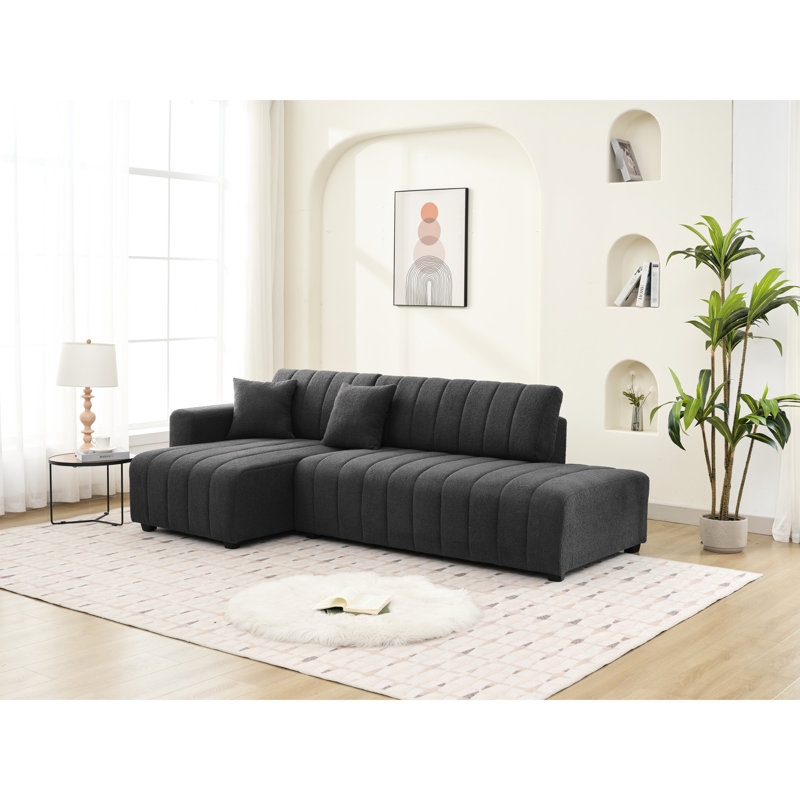 En forme de L avec une influence scandinave, couleur principale gris foncé, 3 sièges en mousse haute densité, réversible et modulaire pour les appartements de style esthétique, matériau en laine, petits espaces de vie