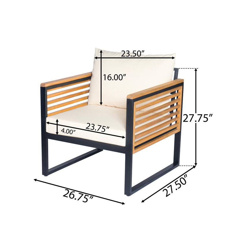 Ensemble de conversation d'extérieur 4 pièces en bois d'acacia et métal avec table basse, fauteuil club et repose-pieds