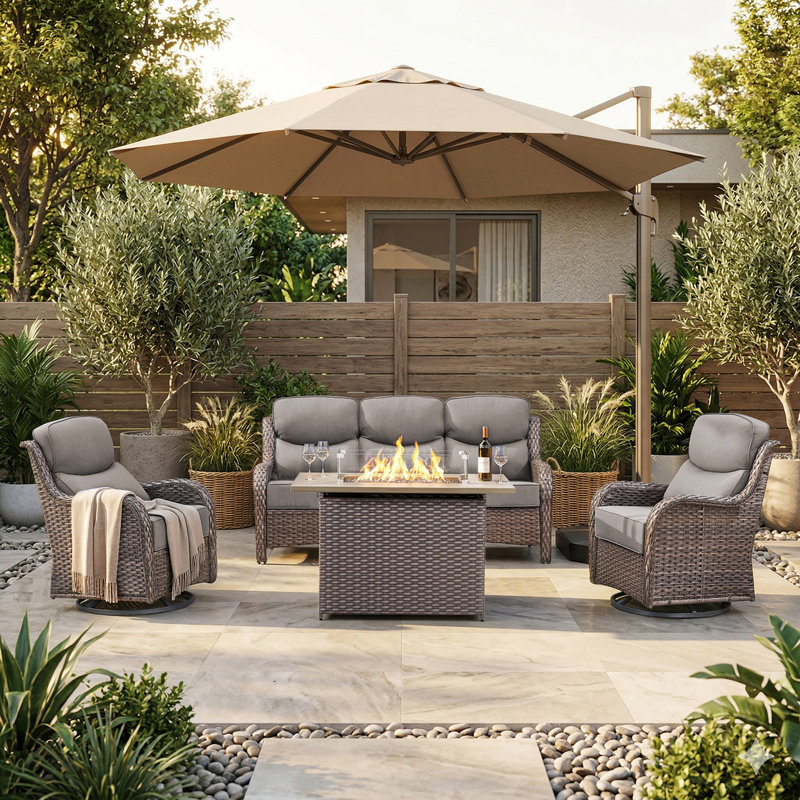 Wickes 4-Piece Outdoor Conversation Set With 3-Seat Sofa, 2 Swivel Gliders & Rectangle Fire Pit Table, 6" Thick All-Weather Cushions