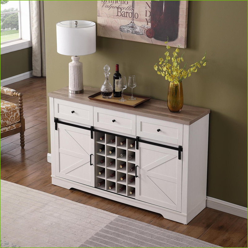 Armoire, bar à vin 58 po avec porte de grange coulissante, porte-bouteilles, 3 tiroirs, buffet blanc antique | Blanc cassé | Cuisine