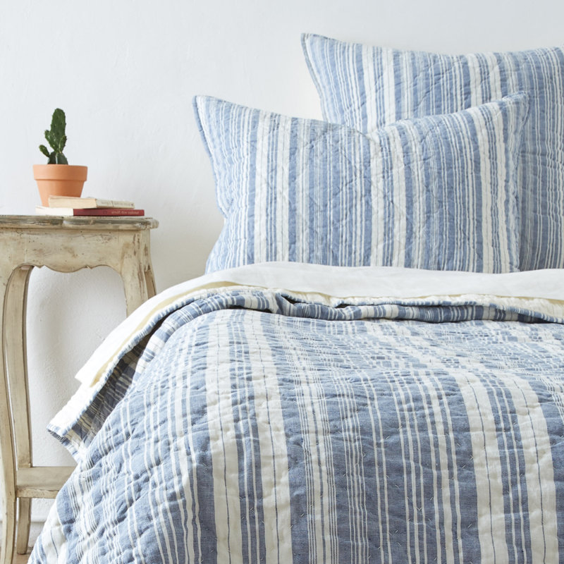 Twin Blue and White Striped Textured Quilt Set