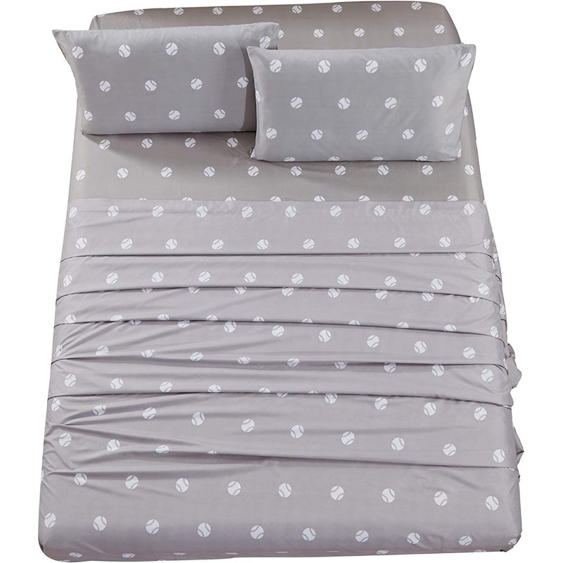 Gray and White Baseball Print Twin Microfiber Sheet Set