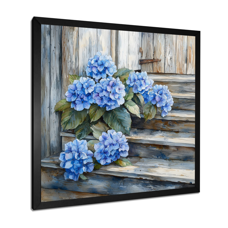 Hortensias sur les marches de grange I - hydrangées, art mural, H 16 po x l 16 po, Picture Framed, Noir, noir, noir, noir