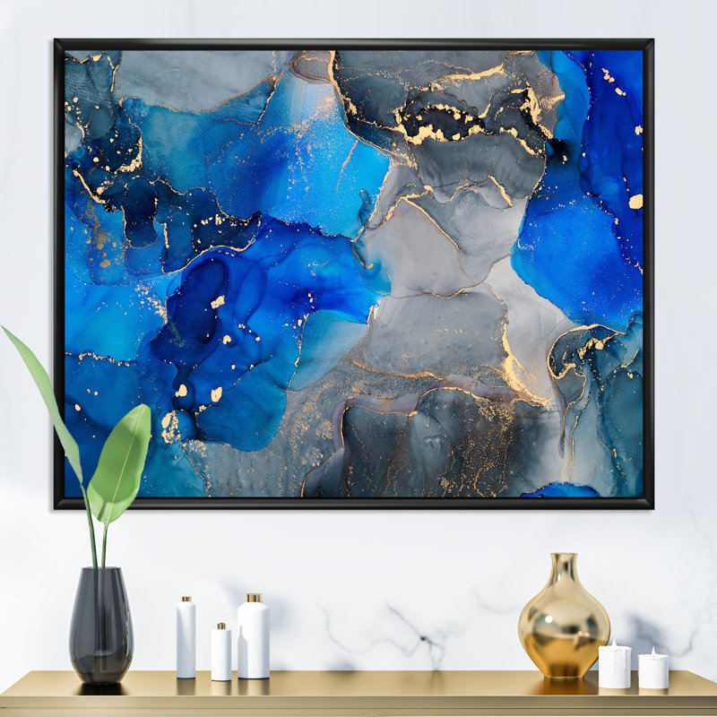 «Blue Luxury Abstract Fluid Art XV», reproduction sur toile, Cadre flottant noir, H 34 po x l 44 po x P 1,5 po