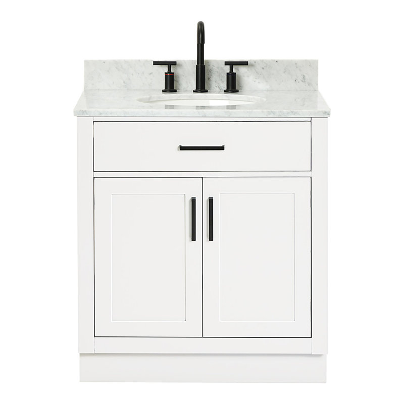 Jameal 30' Solid Wood Single Bathroom Vanity with 0.75' Carrara Marble Top, Blanc, Ovale