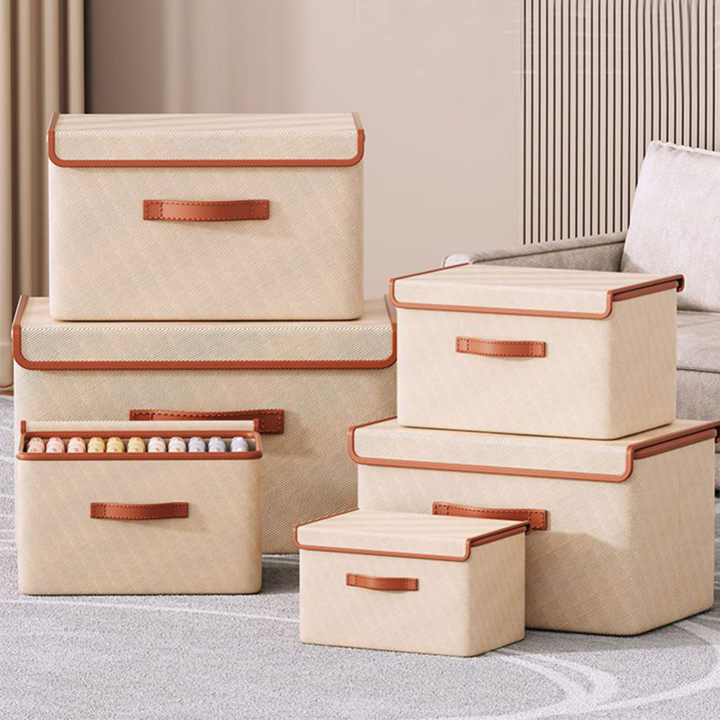 Grands bacs de rangement pliables, boîte en tissu de lin avec couvercle, organisateur pour tablettes, cubes pour serviettes, vêtements (ensemble de 3)