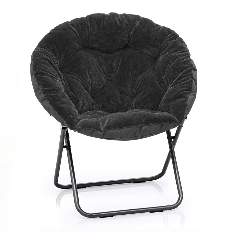 Round Folding Saucer Chair, Upholstered Accent Chair Lounge Moon Chair For Dorm Living Room Bedroom, Black Faux Fur