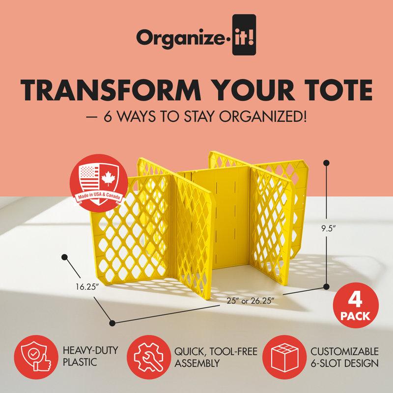  6 Slot Tote Dividers for 27 Gal Storage Containers, Yellow, 4 Pack, 4 pack dividers
