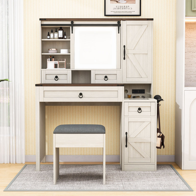 Bureau de maquillage avec bureau intégré, tiroirs, crochets latéraux et tablettes, Blanc