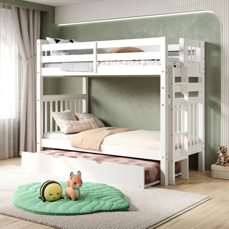 Treva Tall Solid Wood Standard Bunk Beds Twin over Twin, 4 Step Ladder, Twin Trundle, White, White
