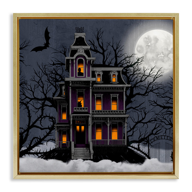 Maison d'Halloween effrayante et hantée, H 18 po x l 18 po, Cadre flottant métallique doré