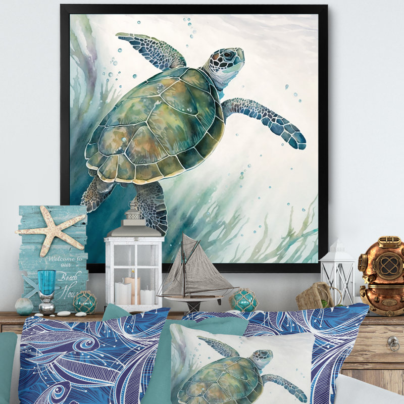 Tortue aquarelle nageant I - reproduction sur toile, H 16 po x l 16 po x P 1 po, Impression noire sur toile encadrée