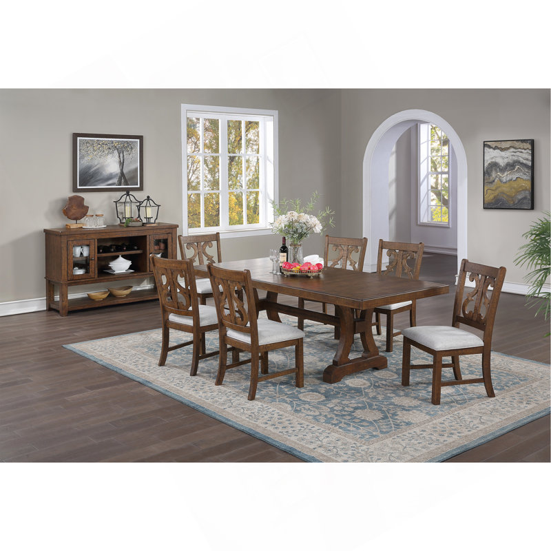 Ensemble de table de salle à manger en chêne 7 pièces avec rallonge et 6 chaises d'appoint de style formel