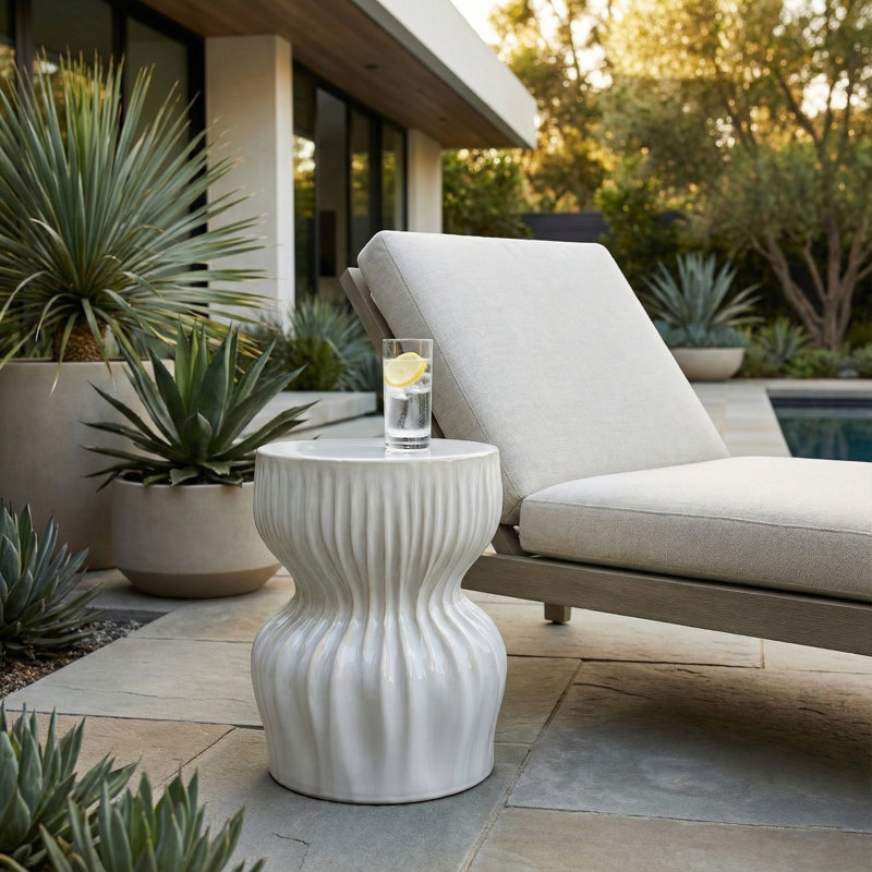 Decorative Sculptural Garden Stool for Home Decor - Round Ceramic Accent Stool for Oudoor Living Room or Backyard Plant Stand - 19", White