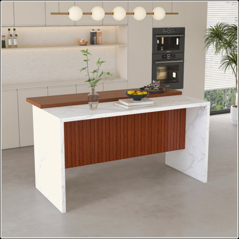63" Modern Kitchen Island With Marble-Look Surface, LED Lights & Grille Design For Dining Room, Living Room, White/Walnut