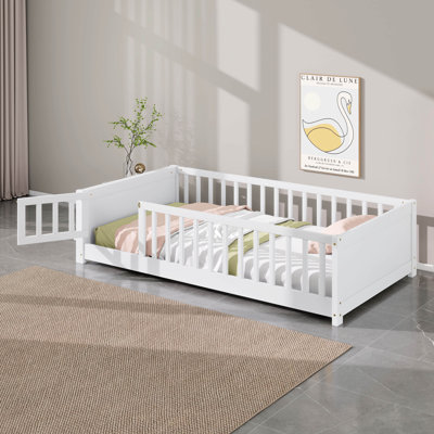 Twin Size Montessori Floor Bed With Built-In Book Storage Rack And Door, Solid Wood Floor Bed With Safety Guardrails