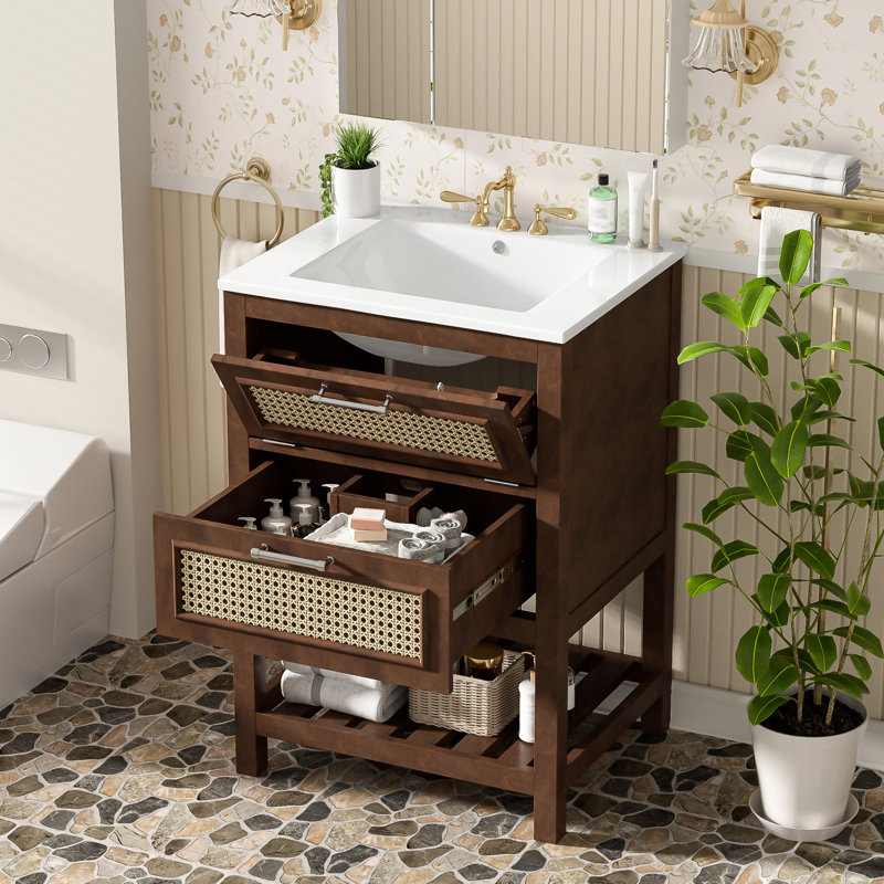 Meuble-lavabo de 24 po avec lavabo attaché, conception compacte et élégante, un tiroir profond pour le rangement, poignées en fer de haute qualité, montage facile pour adultes, 4 robinets, aspect contemporain brun foncé
