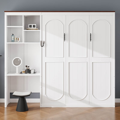 Lit escamotable avec bureau, armoire de rangement multicouche, lit escamotable mural Farmhouse avec lattes en bois