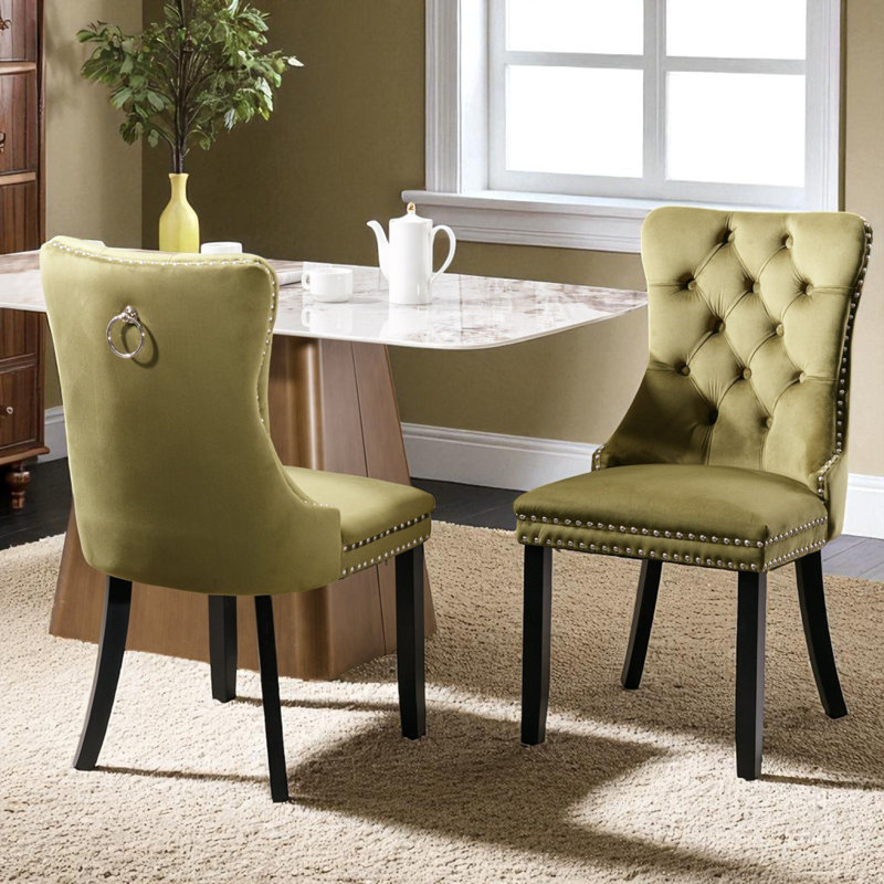 2PCS Modern Velvet Wingback Tufted Solid Wood Upholstered Dining Chairs (Set of 2), Olive