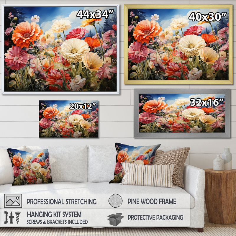 Meadow Gerbera Garden - Floral Canvas Wall Art, H 30 po x l 40 po, Cadre naturel flottant