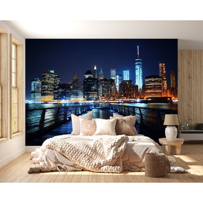 Panneau mural New York Skyline - City Lights Night Pier pour chambre à coucher Vn898 (non tissé) VN898