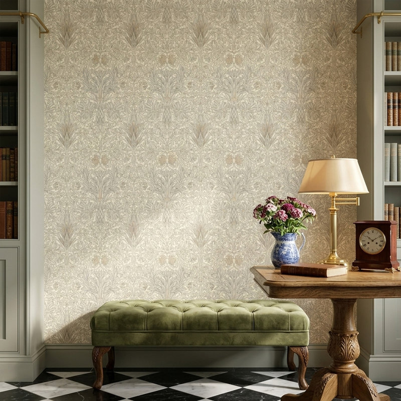 Papier peint neutre avec motif damassé botanique beige et gris, Textured Non-Pasted