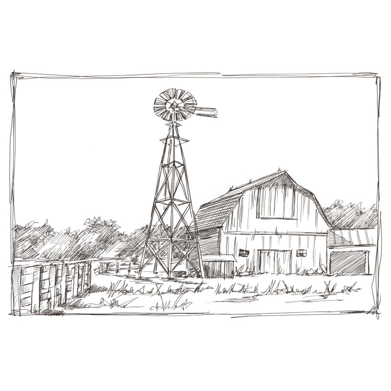 Farm Sketch II by Ethan Harper - Painting, 51cm H x 76cm W, Black Floater Framed
