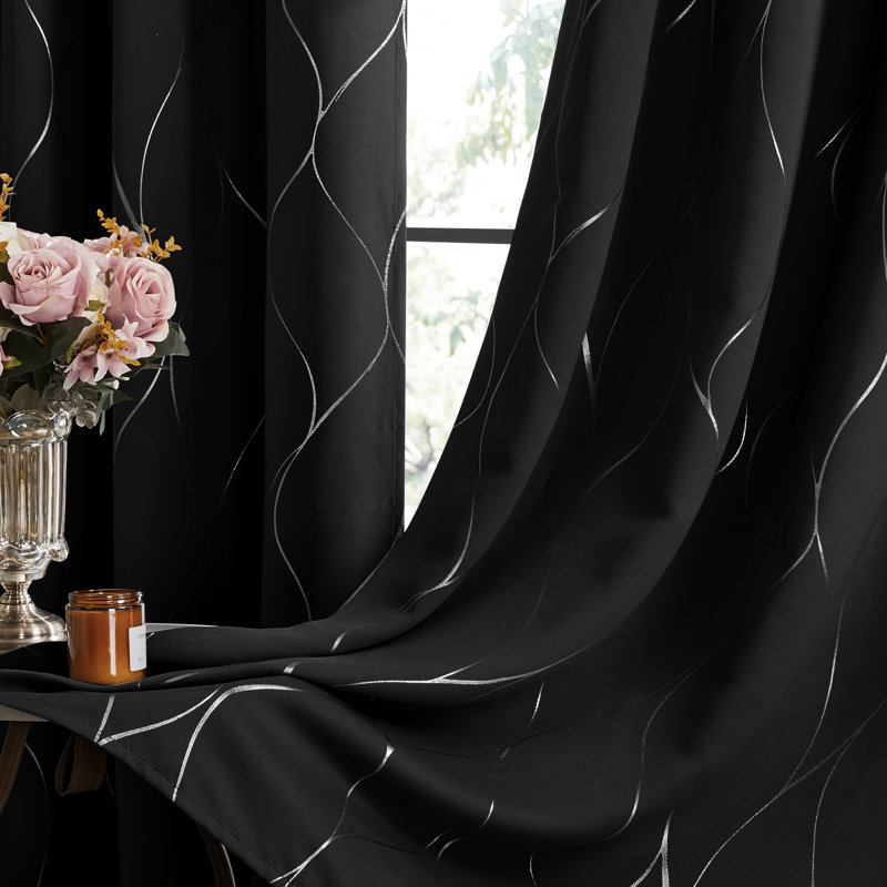Kellda Thermal Room Darkening Polyester Curtain Panels, Black, 52" W x 84" L
