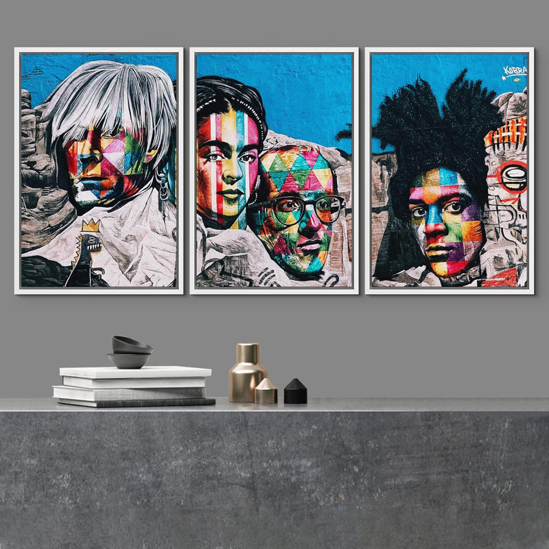 Warhol Basquiat Mt. Rushmore Graffiti et art urbain, art moderne coloré, portrait urbain, 3 pièces, Cadre flottant blanc