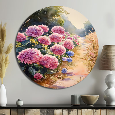 Hydrangeas In A Country Lane I - Hydrangea Round Metal Wall Art, Traditional Pink Metal Art Print