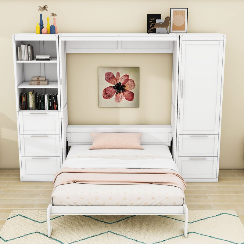 Murphy Bed with Closet, Drawers and Shelves, White
