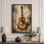Illustration d'une guitare acoustique rétro avec notes de musique, photos de salle de musique, impression sur toile encadrée-132064195-132064200
